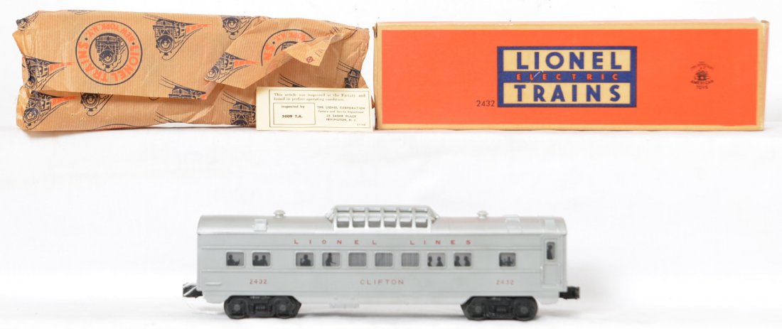 Lionel 2432 illuminated vista-dome car in OB: This car has been run but is still very nice and clean with a few light box rubs and great lettering on both sides. The roof is really nice but there are a few light marks but nothing substantial. The