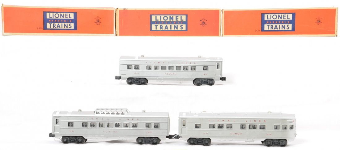 Lionel 2432 2434 2436 passenger set in OB: Includes 2432 Clifton, 2434 Newark and 2436 Summit passenger cars that have moderate play wear, rubs and scratches on the sides but very clean roofs on all three cars. The original boxes are all squar