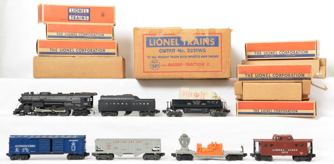 Lionel 2221WS Hudson steam freight set in OB: This is a great looking set although none of the peripherals are included. The 646 Hudson steam locomotive is in fantastic shape, has never been polished and has very little run time and may have only