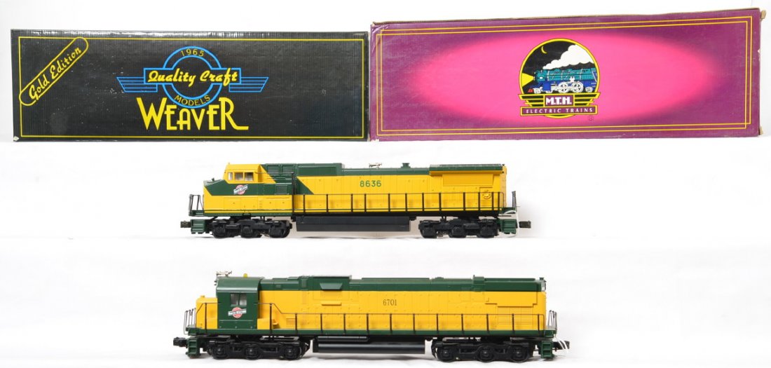 MTH & Williams Chicago and Northwestern locos in OBs: Includes MTH 8636 G.E. dash-9 diesel and Williams alco C-628 diesel locomotives in original boxes with inserts. Both are 3-rail and have significant run time and could use a cleaning due to gathered d