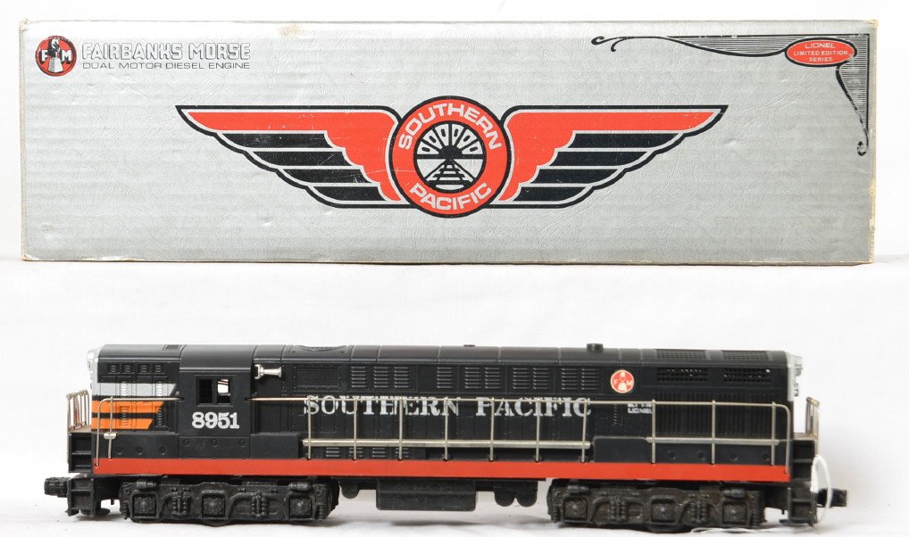 Lionel modern O 8951 Southern Pacific FM in OB: This locomotive has very little run time and is clean but the railings could use a good polishing, otherwise clean with no broken or missing parts. Includes original box with insert but no paperwork, 