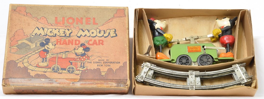 Prewar Lionel 1100 Mickey Mouse hand car in OB GREEN: Incredibly nice, all original hand car with original key and a green frame which is much harder to find. The figures retain 98% of their original paint and look like they were hardly touched although 