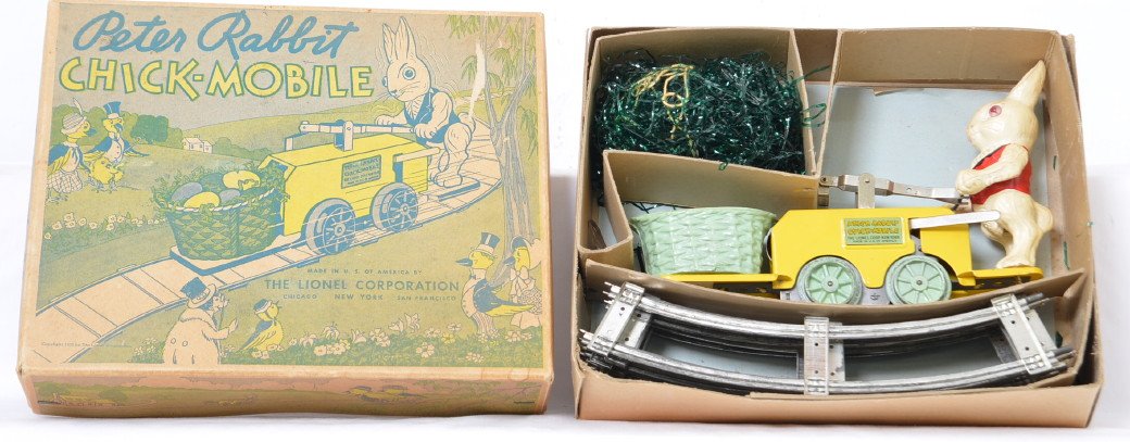 Prewar Lionel 1105 Peter Rabbit Chick Mobile hand car: fantastic hand car, all original with signs of run time but very little paint loss from the figure or the basket. The eggs are gone but the grass even looks original but that cannot be confirmed. The 