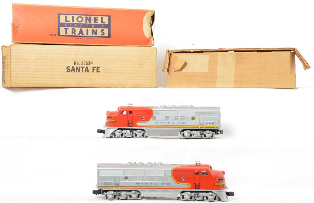 Lionel 2353 Santa Fe A-A F3s in OBs: Nice looking AA units in C7 condition with minor rubs here and there, moderate run time but very clean overall. Original boxes are in nice shape but only one insert is included and the dummy unit box