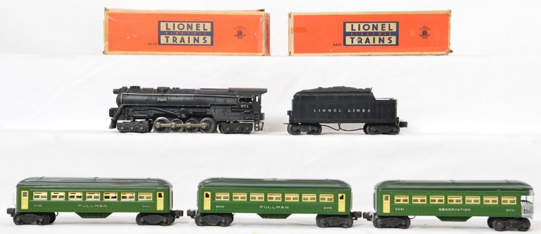 Lionel 671 671W 6440 6440 6441 green passenger set 2: Set includes 671 steam turbine locomotive with 671W tender, two 6440 Pullman cars and a 6441 observation car. The set does have considerable run time but four of the five pieces are very nice with nor
