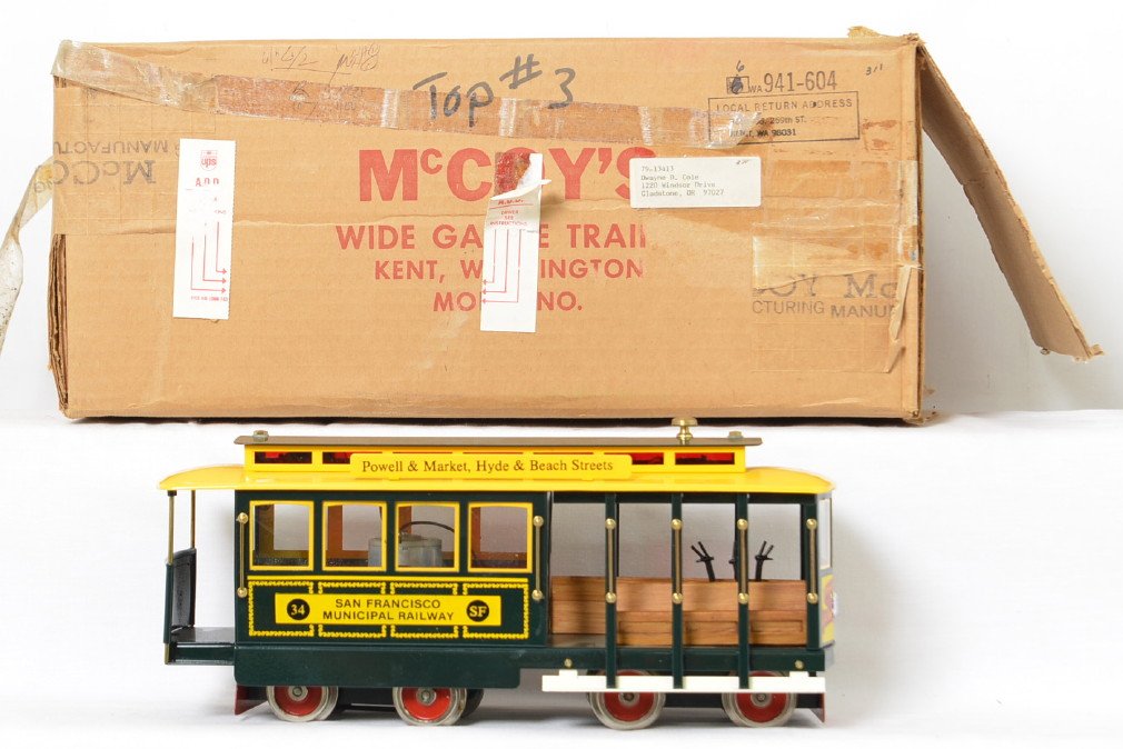 McCoy TCA San Francisco G scale trolley: McCoy modern G scale TCA Powell & Market, and Hyde & Market streets trolley in OB. Trolley is C8+ condition with light run time.