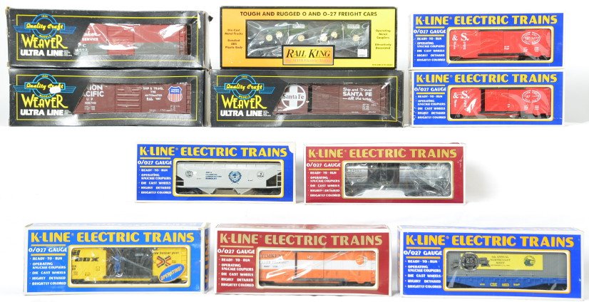 11 K Line and Weaver freight cars: K Line and Weaver modern O gauge freight cars in OBs. Includes 6333 Amoco tank car, 6613 CSX container car, two Spokane Portland and Seattle boxcars, 7008 Railbox operating boxcar, 90007 Timken boxcar