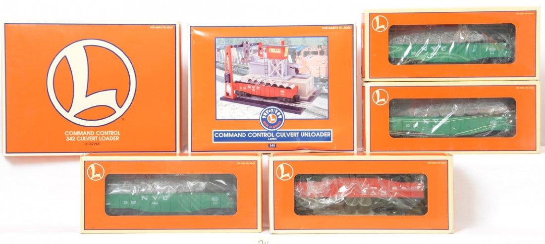 Lionel TMCC Culver loader and unloader plus cars: Lionel modern O gauge culvert accessories in OBs. Includes 22975 TMCC 345 culvert unloader, 22965 342 TMCC culvert loader, three 19478 and 19429 New York Central culvert gondolas. Items are layout use