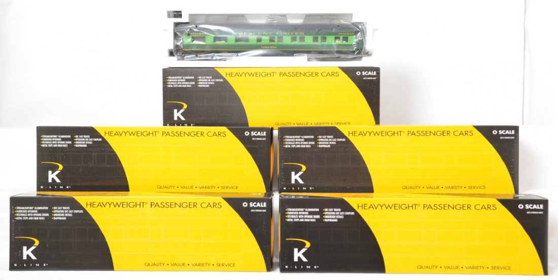 K Line Southern Crescent 5 car passenger set: K Line modern O gauge Southern Crescent five car passenger set in the OBs. Five cars include K4486-0006 George Wythe Pullman, K4486-0319 heavyweight baggage, K4486-3170 heavyweight diner, K4486-0007 P