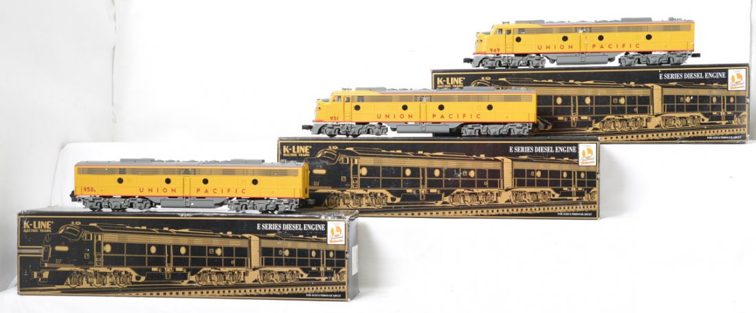 K-Line K28901S UP E8 A-B-A units in OB: K Line modern O gauge K28901S Union Pacific E8 A-B-A units in original boxes. Locos feature TMCC, Railsounds, Electrocouplers, and much more. Locos are C7-8 with moderate run time. One detail vent mis
