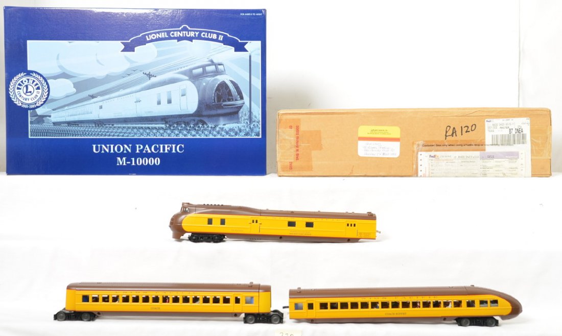 Lionel CCII Union Pacific M-10000 and add on: Lionel modern O gauge Century Club II Union Pacific M-10000 streamliner in OB. Catalog number is 51007. Loco features TMCC, Railsounds, smoke, Electrocouplers, and much more. Also included is 51249 Ov