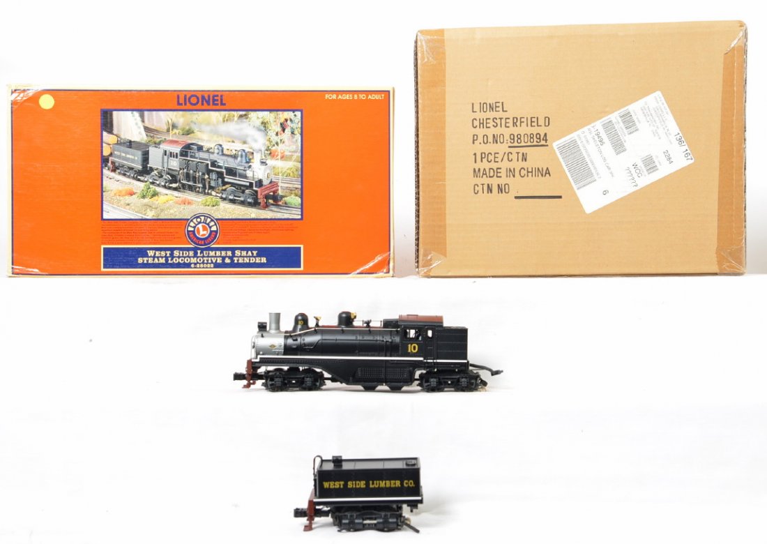Lionel West Side Shay and log cars 28022: Lionel modern O gauge 28022 West Side Lumber shay steam locomotive in OB. Loco features TMCC, Railsounds, Electrocoupler, fan driven smoke unit and much more. The loco has some run time and is C8 cond