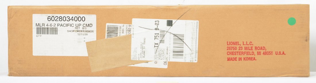 Lionel 28034 Union Pacific 4-6-2 steam locomotive: Lionel modern O gauge 28034 Union Pacific steam locomotive in OB. Loco features TMCC, Railsounds, Electrocoupler, smoke unit and much more. Loco is factory sealed in the master carton C10.