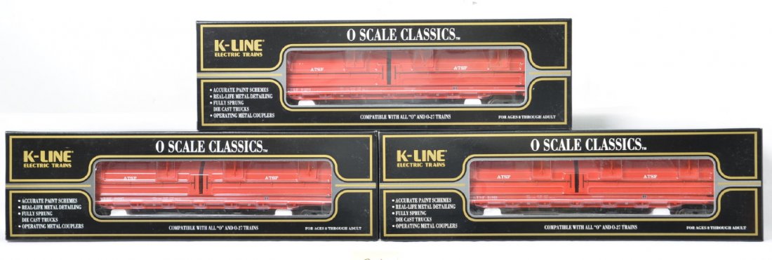 K Line Santa Fe scale coil car three packs: K Line modern O gauge K676-1051A Santa Fe scale coil car three pack in OBs. Cars are C8 with run time.