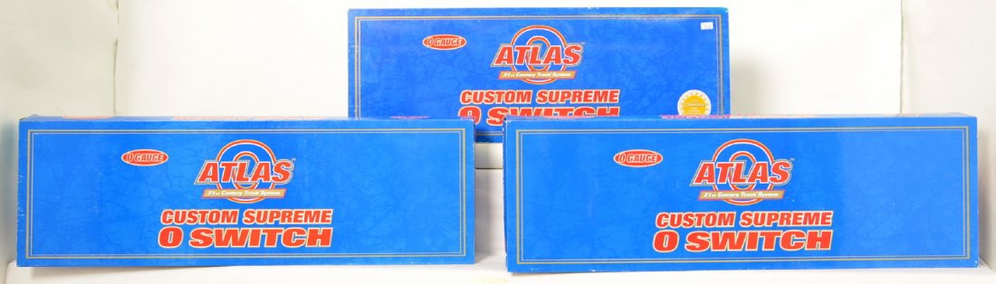 Atlas O #5 and #7.5 switches: Atlas modern O gauge switches in OBs. Includes 6024 #5 left hand switch, and two 6021 7.5 left hand switches. Switches are layout used C7-8. A few small items such as control buttons, wires, etc may b