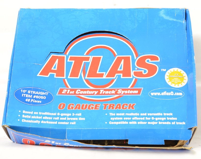 48 sections of Atlas O 6050 straight track: Atlas modern O gauge 6050 straight track. Forty eight sections total. Layout used C7-8. Some track has power wires soldered to the bottom.