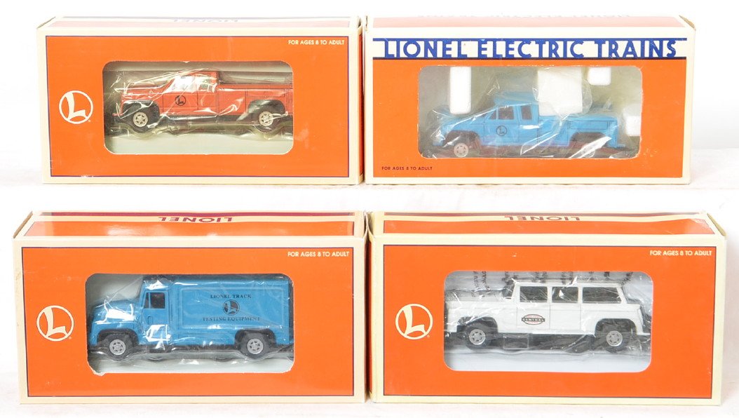 4 Lionel MOW motorized units 18424, 52108, etc: Lionel modern O gauge MOW motorized units in OBs. Includes 18424 truck, 18430 New York Central crew car, 52107 LCCA truck, and 52108 LCCA van. Items are generally C8.