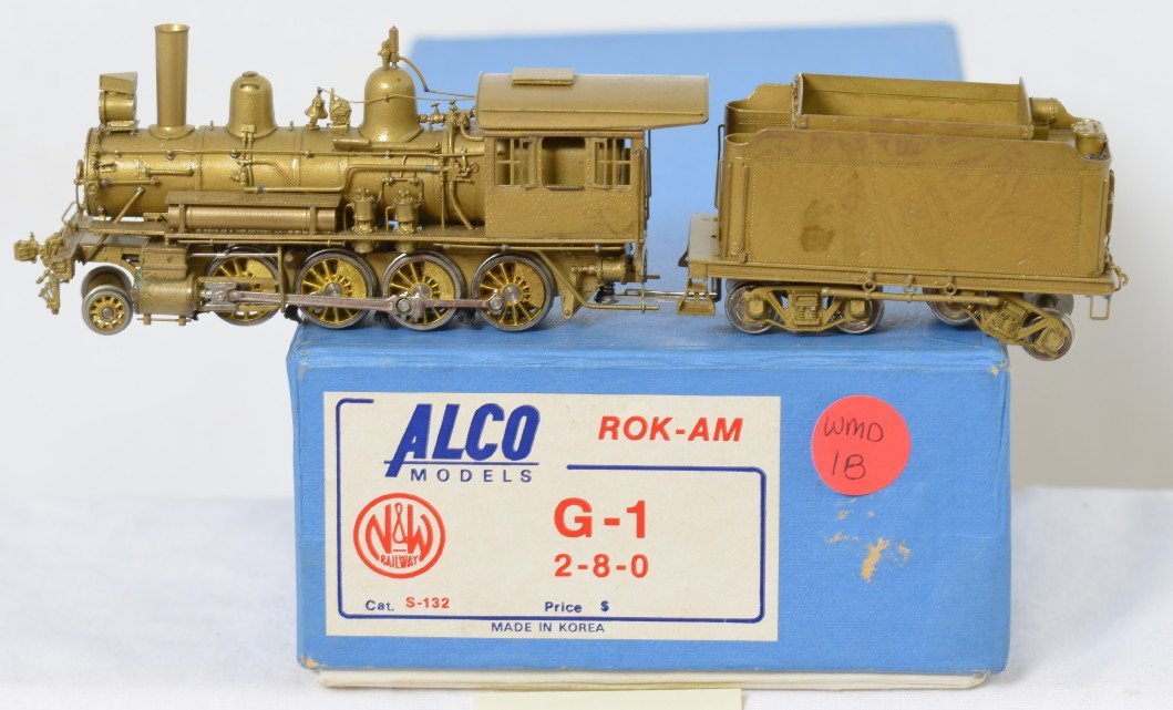 Alco Models brass N&W G-1 2-8-0 steam locomotive: Alco Models HO brass Norfolk and Western G-1 2-8-0 steam locomotive in OB. Loco is C7 with some discoloration and some light corrosion on one steam chest.