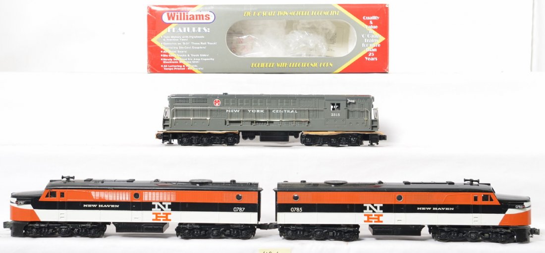 Williams NYC FM Trainmaster and NH Alco PAs: Williams modern O gauge New York Central FM Trainmaster with OB. C7 with one broken side frame on rear truck which is included. Also included New Haven Alco PA A-A power and dummy set. Locos are also 