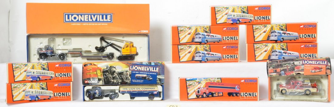 11 Corgi Lionel busses and trucks: Corgi modern die cast Lionel vehicles in OBs. Includes US52906 Lion Oil tanker, US50505 Lionelville Seagrave fire engine, US52311 Lionelville Mack B lowboy with luffing shovel. four 54401 Lionel City