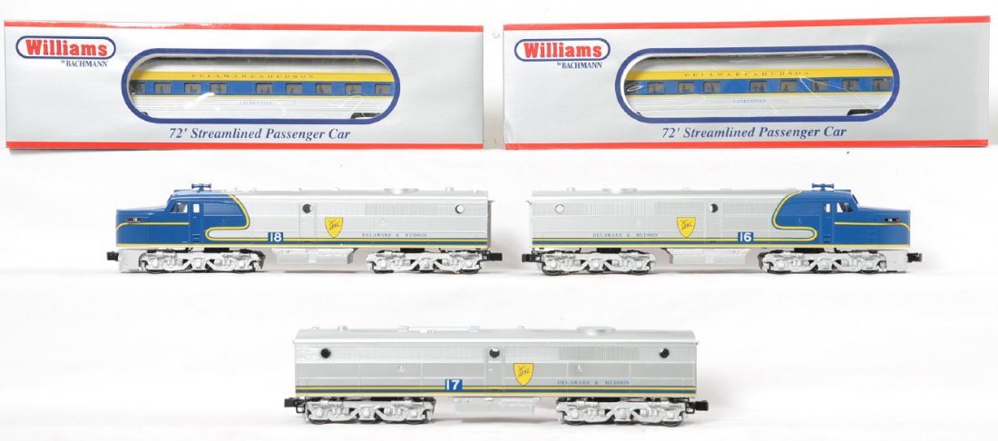 Williams Delaware and Hudson Alco PA set and cars: Williams by Bachmann modern O gauge Delaware and Hudson Alco PA A-B-A diesel locomotive set in OBs. Locos are 22609 and 22709. Also included are two 72Ã• streamlined passenger cars. Trains are C8 w