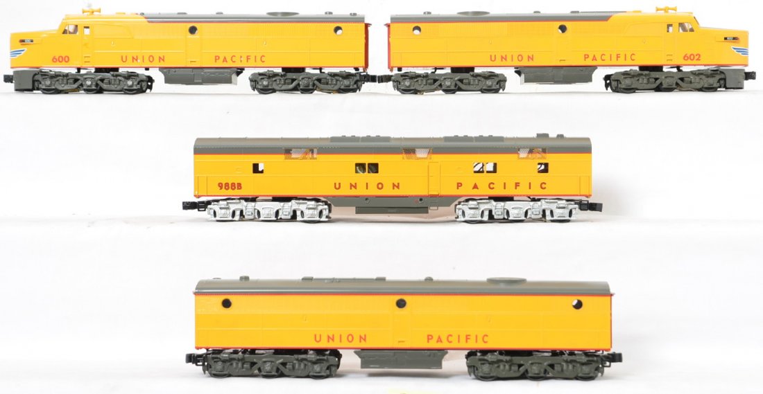 Williams Union Pacific Alco PA A-B-A and E7b: Williams modern O gauge Union Pacific Alco PA A-B-A diesel locomotive set in OBs. All units are powered, one A unit missing box. Also included is 20615 E7 powered B unit. Locos are generally C7. OBs h