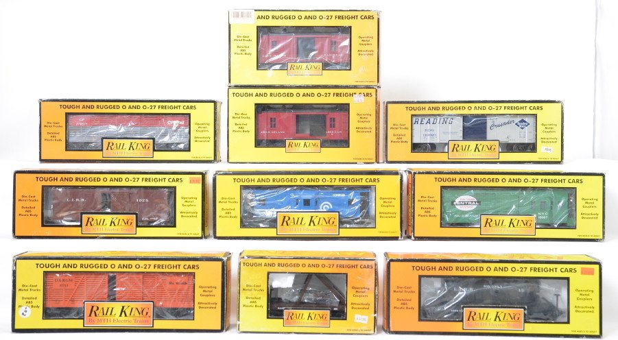 10 Railking freight cars 7133, 7110, 7726, etc: MTH Railking modern O gauge freight cars in OB. Ten freight cars include 73161 Long Island Railroad wood tank car, 7635 WARR flat with cannon, two 77078 Long Island Railroad wood caboose, 7133 Canadia