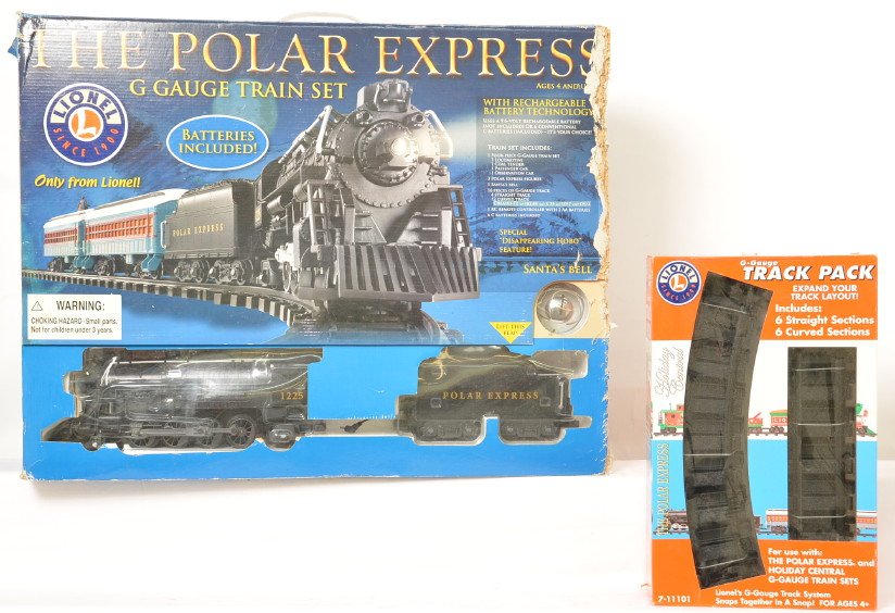 Lionel Polar Express G scale set and add on: Lionel modern G scale battery powered 11022 Polar Express set in OB. Set is complete but missing one end flap and has inner carton damage. Also included is 11101 track add on pack. Trains are C8, pack