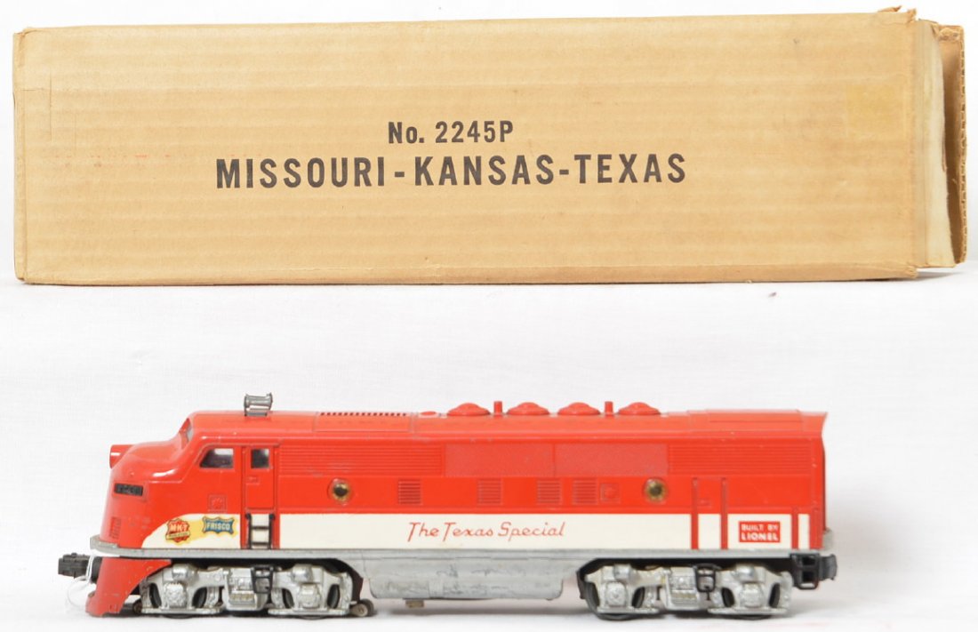 Lionel 2245P MKT Texas Special F3 in OB: Very nice looking diesel locomotive with some paint wear on the pilot but the side frames and shell are nice with perfect lettering and decals on both sides but do have some small scratches here and t