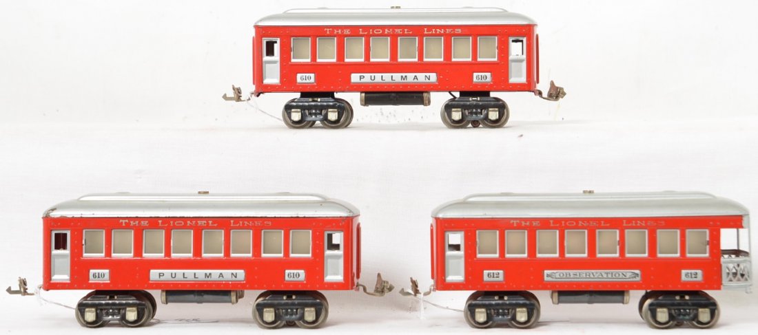 Lionel prewar O 610 610 612 passenger set: Great looking all original set with minimal wear but not perfect by any means. Very clean with no broken or missing parts, C7.