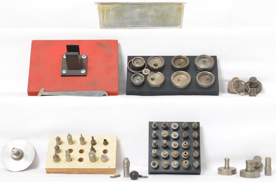 Hobby Horse Lionel ST-350 rivet press dies & cups + E: Large group of reproduction Lionel ST-350 rivet set dies and cups made by Hobby Horse. Includes quite a few parts including an E unit vise and spreader as well as many parts that go with the Hobby Hor
