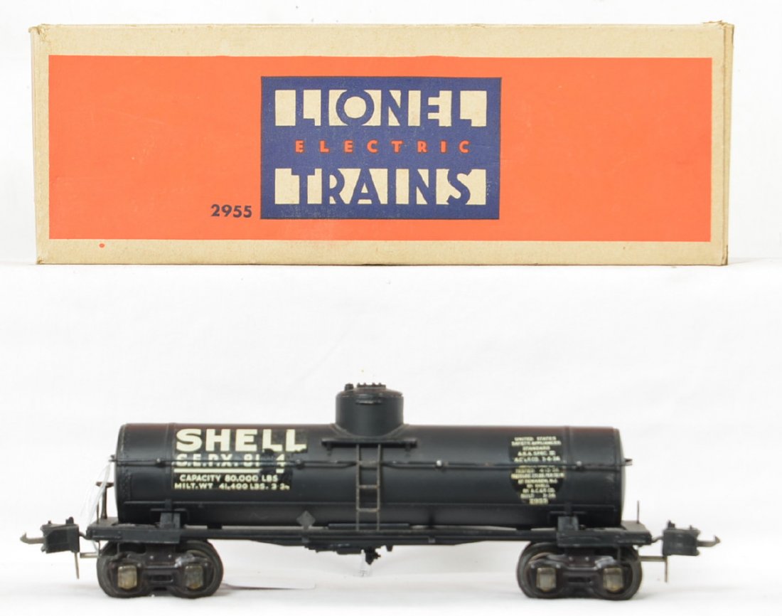 Lionel prewar O gauge semi scale 2955 tank car in OB: Lionel prewar O gauge 2955 Shell tank car with high box couplers in a very nice original box with insert. Car is nice and clean with paint wear on the railings and ladders as well as some minor decal 