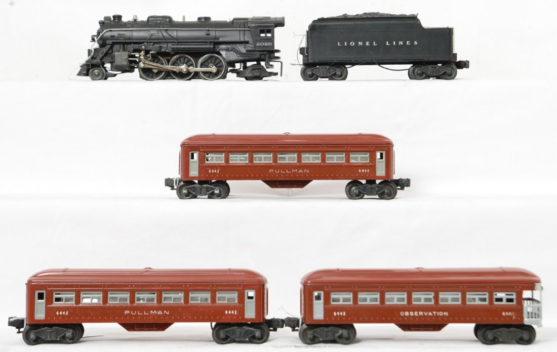 Lionel Postwar O 2026 2466WX 6442 x 2 6443 passenger: Lionel Postwar O gauge 2026 steam locomotive, 2246WX tender, two 6442 Pullman and 6443 observation cars. Very nice set with minimal run time or handling, no missing parts and very clean, C7-8.