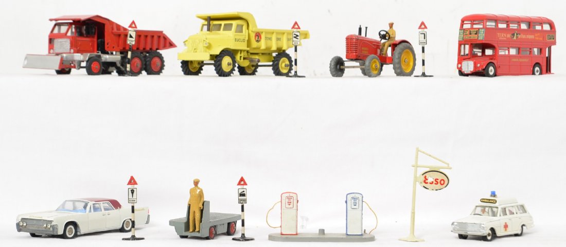 Group of Dinky die cast toys NICE: Nice group of unboxed but very clean Dinky toys. These all have very little wear but need to be cleaned up. Includes Victor ambulance, 14A, Massey Harris tractor, 289, 965, Foden dump truck, five smal