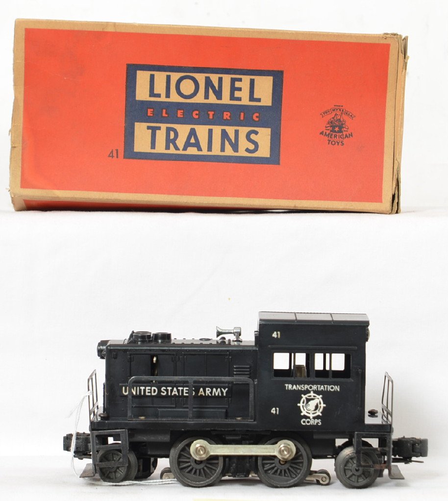 Lionel Postwar O gauge 41 Army switcher in OB: Lionel Postwar O gauge 41 Army switcher in original box. Switcher has little more than a test run on it and a very nice shell with no broken window struts and clean metal hand rails with nice letterin