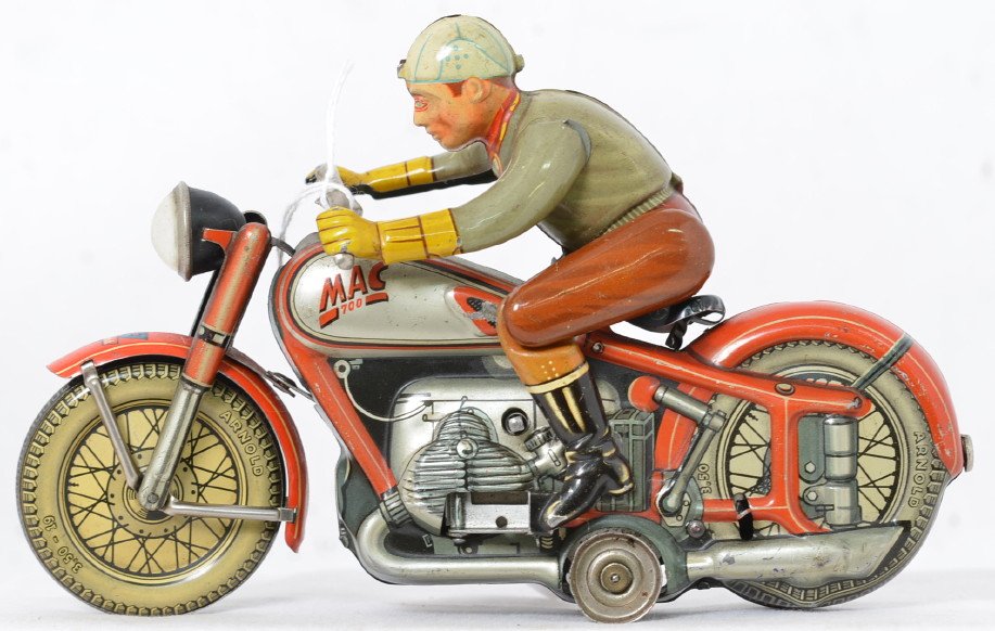 Arnold Mac 700 tin clockwork motorcycle RED: Scarce RED Arnold tinplate clockwork motorcycle in nice shape with only a few signs of play wear. There is no key so operability is unknown. There are some light scratches but nothing excessive. The r
