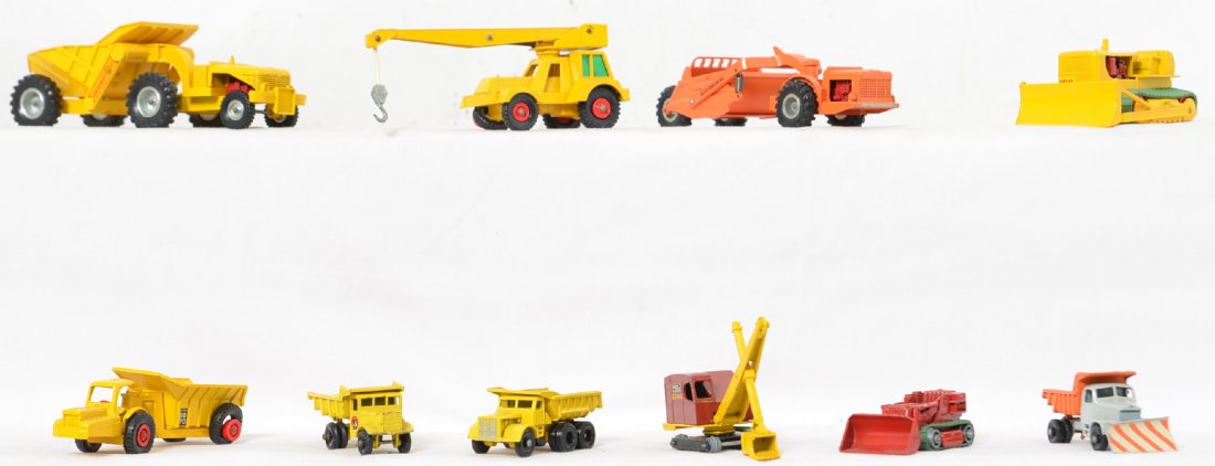 Group of early Matchbox construction equipment NICE: Early group of Lesney Matchbox construction vehicles in nice shape, 19 in all but a few have damage including a road grader with broken off rear wheels and some bulldozers with missing tracks, otherwi