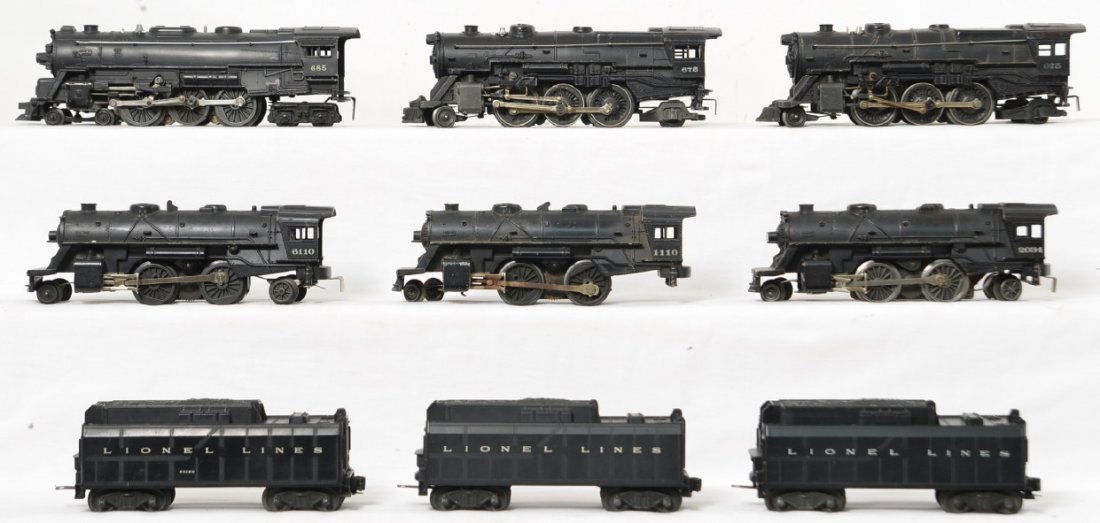Lionel Postwar O gauge steam locomotives and tenders: Lionel Postwar O gauge steam locomotives including 675, 675, 685, 2034, 1110 and 6110 and tenders including three 6026W, 6020W, two 6466WX and a 6466W. This is a General Condition lot meaning we have