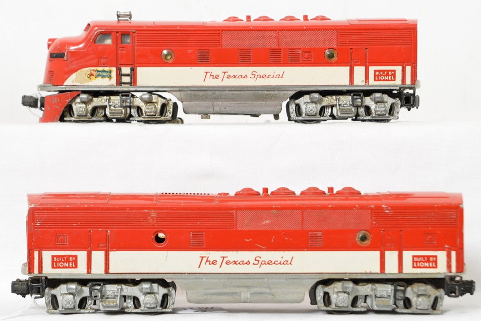 Lionel Postwar O gauge 2245 MKT Texas Special F3 A-B: Lionel Postwar O gauge 2245 MKT Texas Special F3 A-B units with moderate play wear including small scratches and paint wear and considerable run time, there is also corrosion around the battery box on
