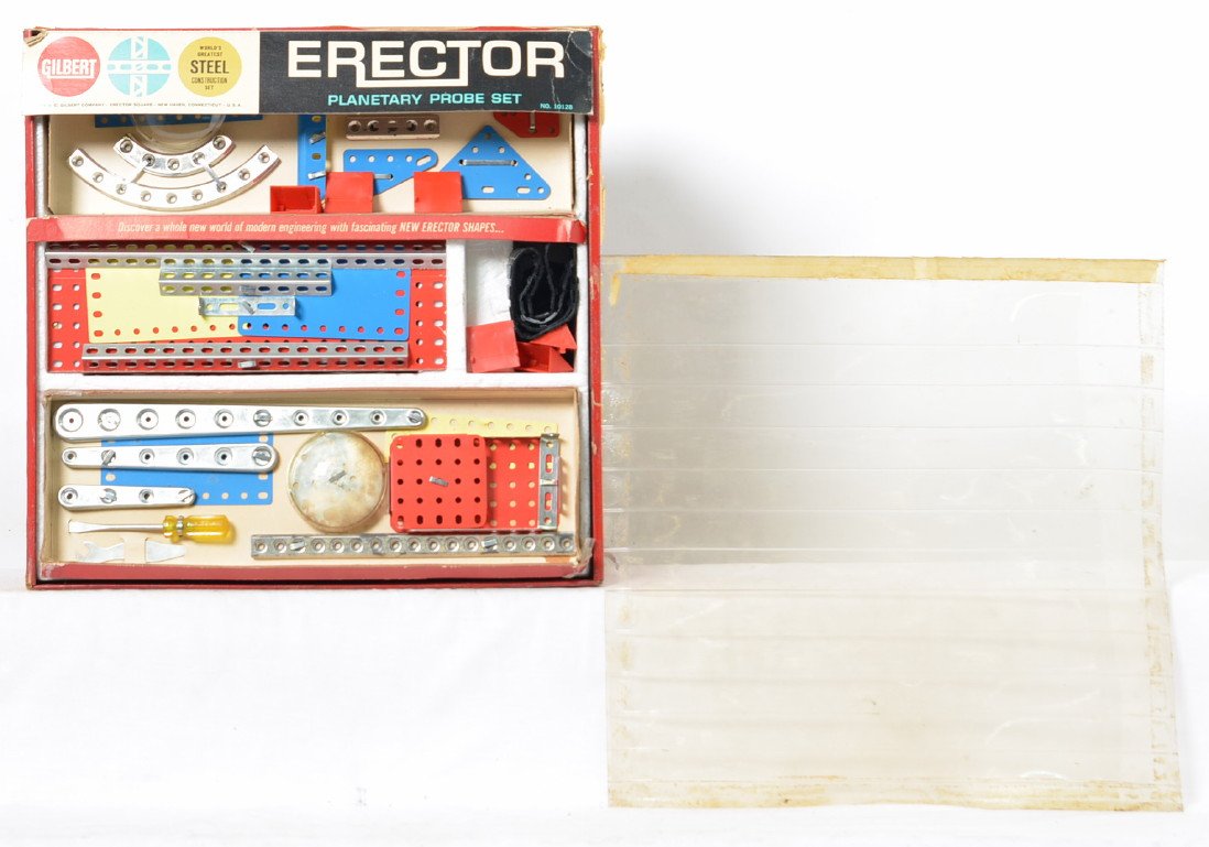 Gilbert 10128 Erector Planetary Probe Set: Gilbert erector set 10128, planetary probe. has great looking, unused parts but several tape repairs to the box. Great parts but fair to poor box that would clean up with diligent work. Sold as is as 