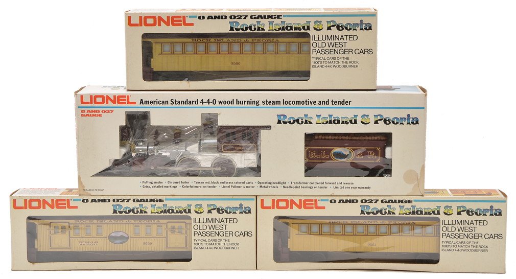 Lionel RI & Peoria General 8004 9559-9561 MINT OB: Lionel Rock Island & Peoria General Set in OBs, circa 1980-82 including; 8004 steam loco and tender, 9559 combo, 9560 passenger car and a 9561 passenger car. The set has never been run, C9.
