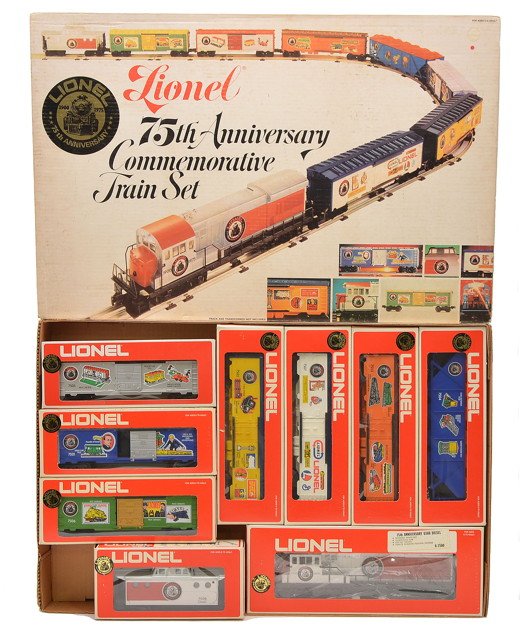 Lionel 1585 75th Anniversary Set LIKE NEW Boxed: Lionel 1585 75th Anniversary Commemorative freight train set, circa 1975 in individual OBs and set box. The set has light run time, C8.