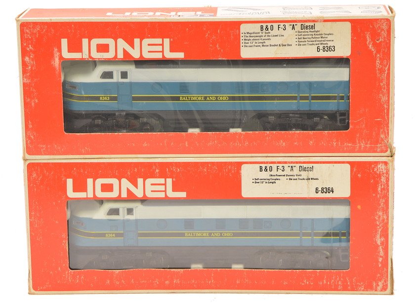 Lionel B&O F3 AA Diesels 8363 8364 LIKE NEW OB: Lionel 8363 B&O F3 power A diesel and 8364 B&O F3 dummy A diesel both in OBs, C8.