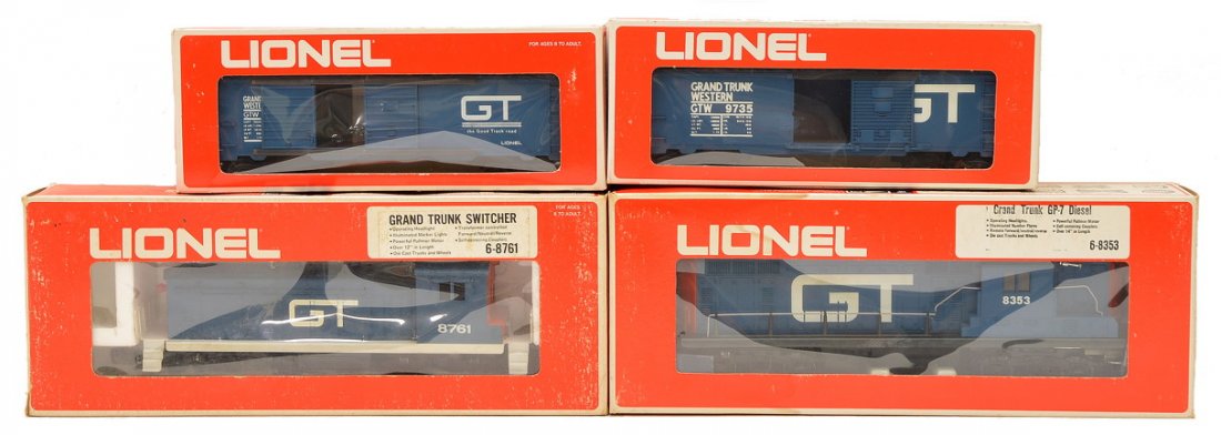 Lionel Grand Trunk 8353 8761 9735 9764 OBs: Lionel Grand Trunk 8353 GP-7 diesel and 8761 switcher in OBs. Also included are Grand Trunk boxcars; 9735 and a 9764 double door in OBs. Both of the diesels are C7 and the boxcars are C8. Both engine 