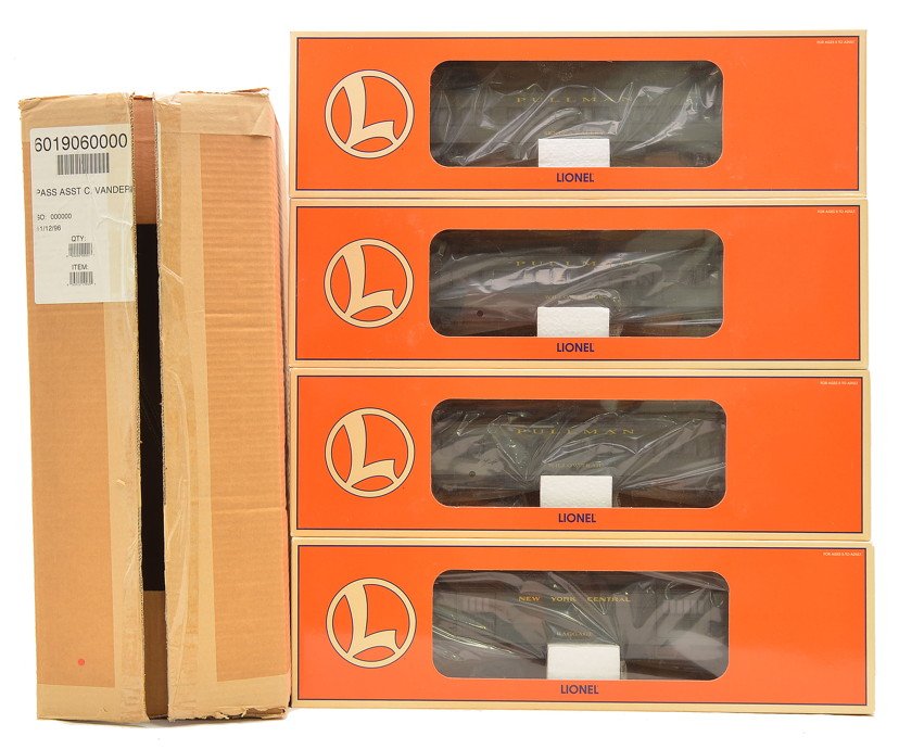 Lionel Pullman Heavyweight Pass Set 19056-60 MIB: Lionel 19060 Commodore Vanderbilt Pullman heavyweight passenger set including; 19056 baggage, 19057 passenger, 19058 passenger and 19059 observation car all in OBs, C9-10.