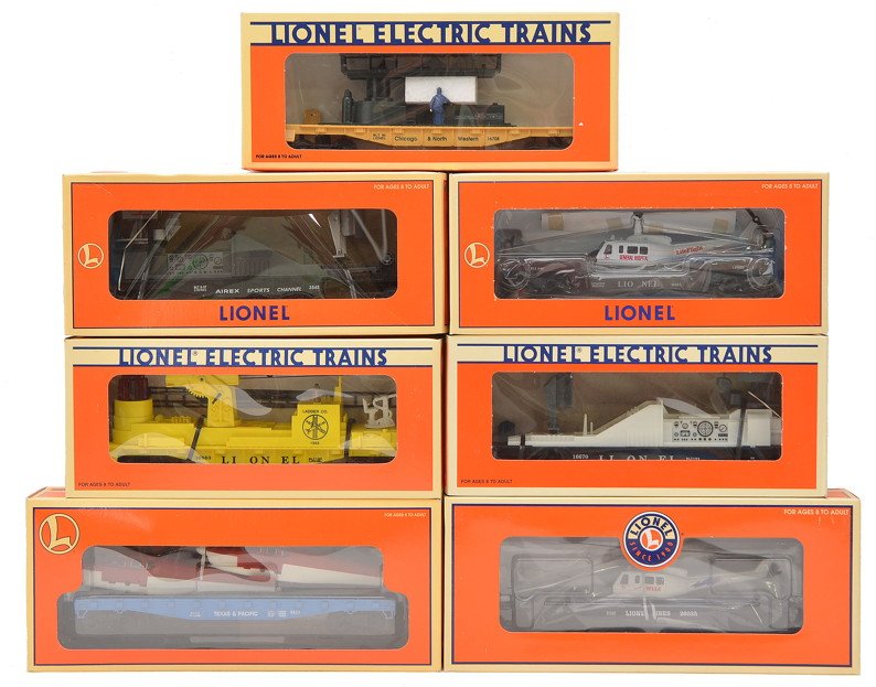Lionel 16670 16751 16660 16708 16968 17516 MIB: Lionel 16670 T.V. car, 16751 3545 WLNL Channel 7 Airex Sports channel television car, 16660 fire car with ladders, 16708 Chicago & Northwestern operating maintenance car, 26035 flatcar with WLLC helic