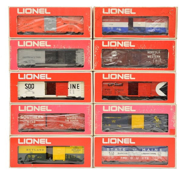 Lionel 9700 Series Boxcars 9700-9710 LN OBs: Lionel 9700 series boxcars all in OBs including; 9700 Southern, 9701 B&O auto car, 9702 Soo Line, 9703 CP Rail, 9704 N&W, 9705 Denver, RG, 9706 C&O, 9708 Post Office, 9709 State of Maine and 9710 Rutl