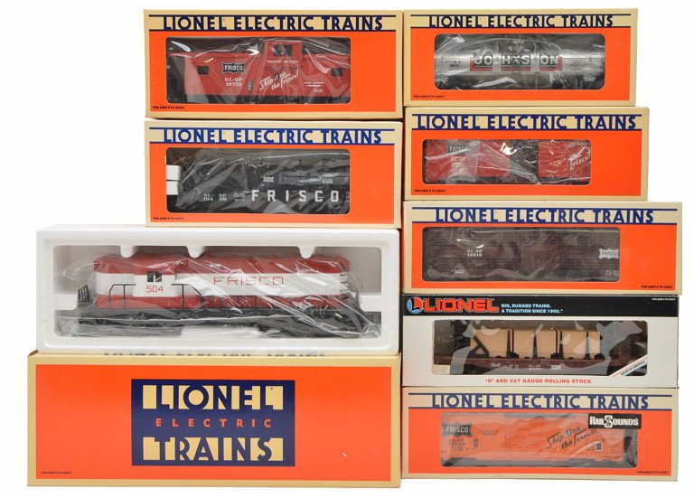 Lionel FF Series No 5 Frisco MINT Boxed: Lionel Fallen Flags Series No. 5 Frisco freight set in individual OBs, circa 1991 containing; 18504 GP-7 diesel, 19229 boxcar with diesel RailSounds, 19230 double-door automobile boxcar, 19408 gondola