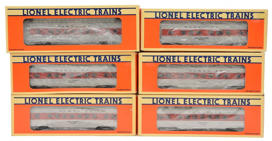 Lionel SF 16055 2-16056 16057 16060 16092: Lionel silver and red Santa Fe passenger cars in OBs including; 16055 Pullman, two 16056 vista domes, 16057 Pullman, 16060 observation and a 16092 full vista dome. Cars are C8.