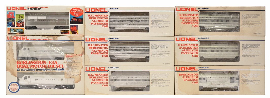 Lionel Burlington Pass Set 8054/8062 9576-9580: Lionel Burlington passenger set in individual OBs including; 8054/8062 chrome F3 ABA diesel units and aluminum passenger cars; 9576 Silver Pouch baggage, 9577 Silver Halter Pullman, 9578 Silver Gladio